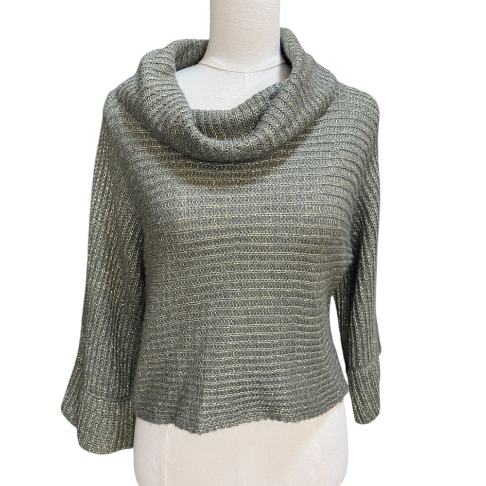 INC Metallic Cowl Neck Sweater Gold & Green Ribbed Knit Cropped Medium